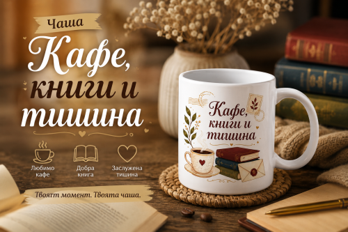 Подаръчна чаша „Кафе, книги и тишина“